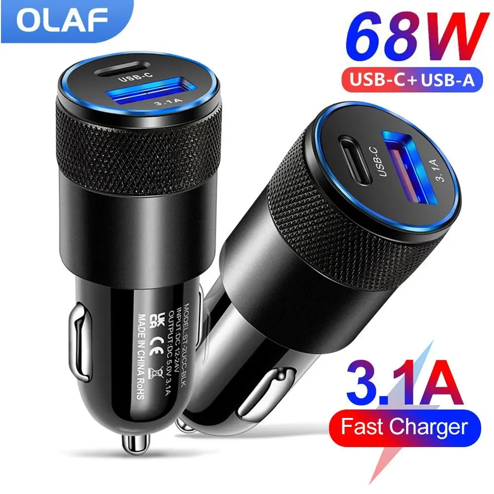 Olaf USB Type C Car Phone Adapter Fast Charging, Fast Charge 3.0, 68W, PD, Iphone 13, 12, Xiaomi, Huawei, Samsung S21